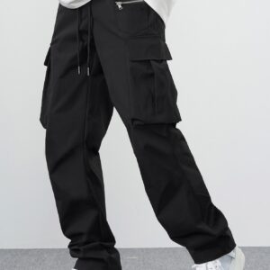 Manfinity EMRG Loose Men'S Cargo Pants with Drawstring Waist Baggy Long Plain Black Going Out