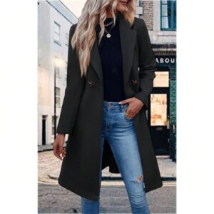 Piepiebuy Women'S Double Button Belted Tweed Overcoat Basic Long Sleeve Notched Lapel Pea Trench Jacket Outwear Coats